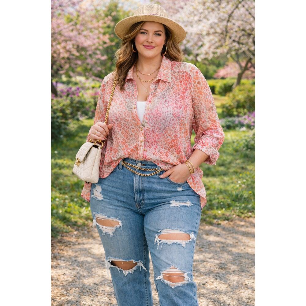JM Collection 2X Sheer Floral Blouse Pink Coral Capsule Wardrobe Flowy Soft Girl